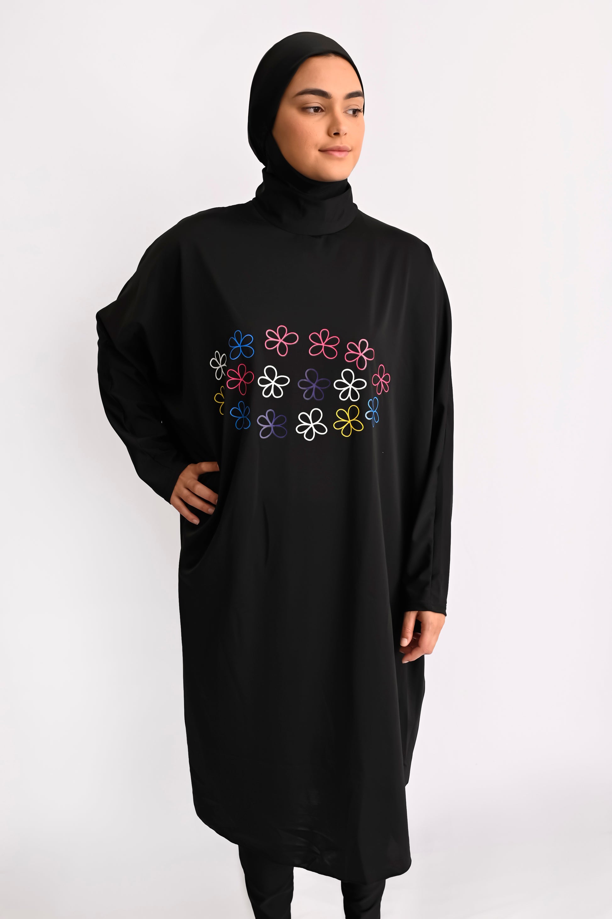 Ultra modest swimdress in black with floral motif