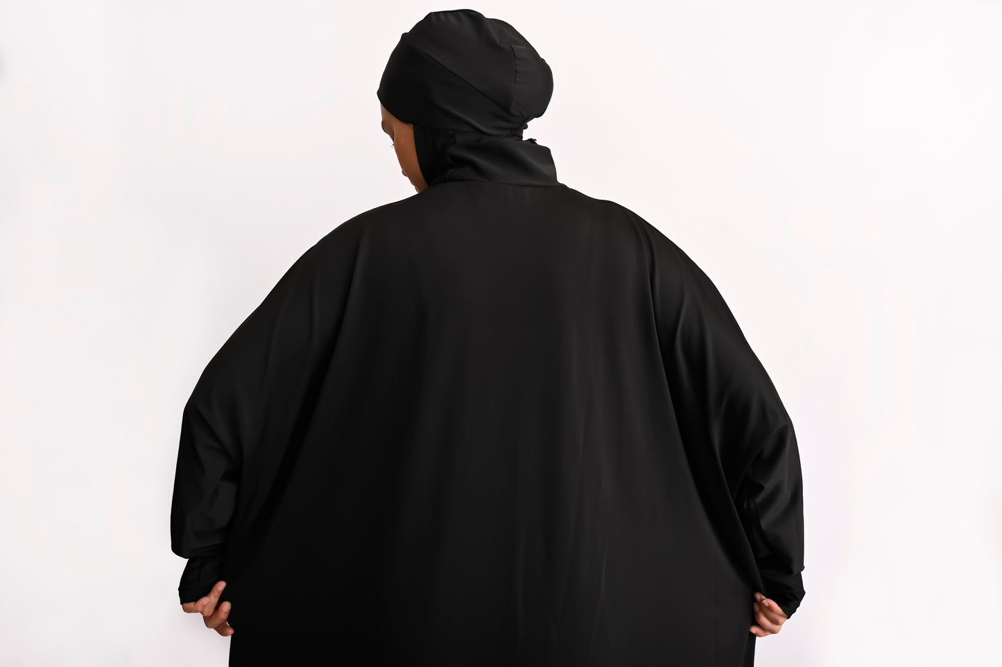 back view of blooming black ultra modest swimdress