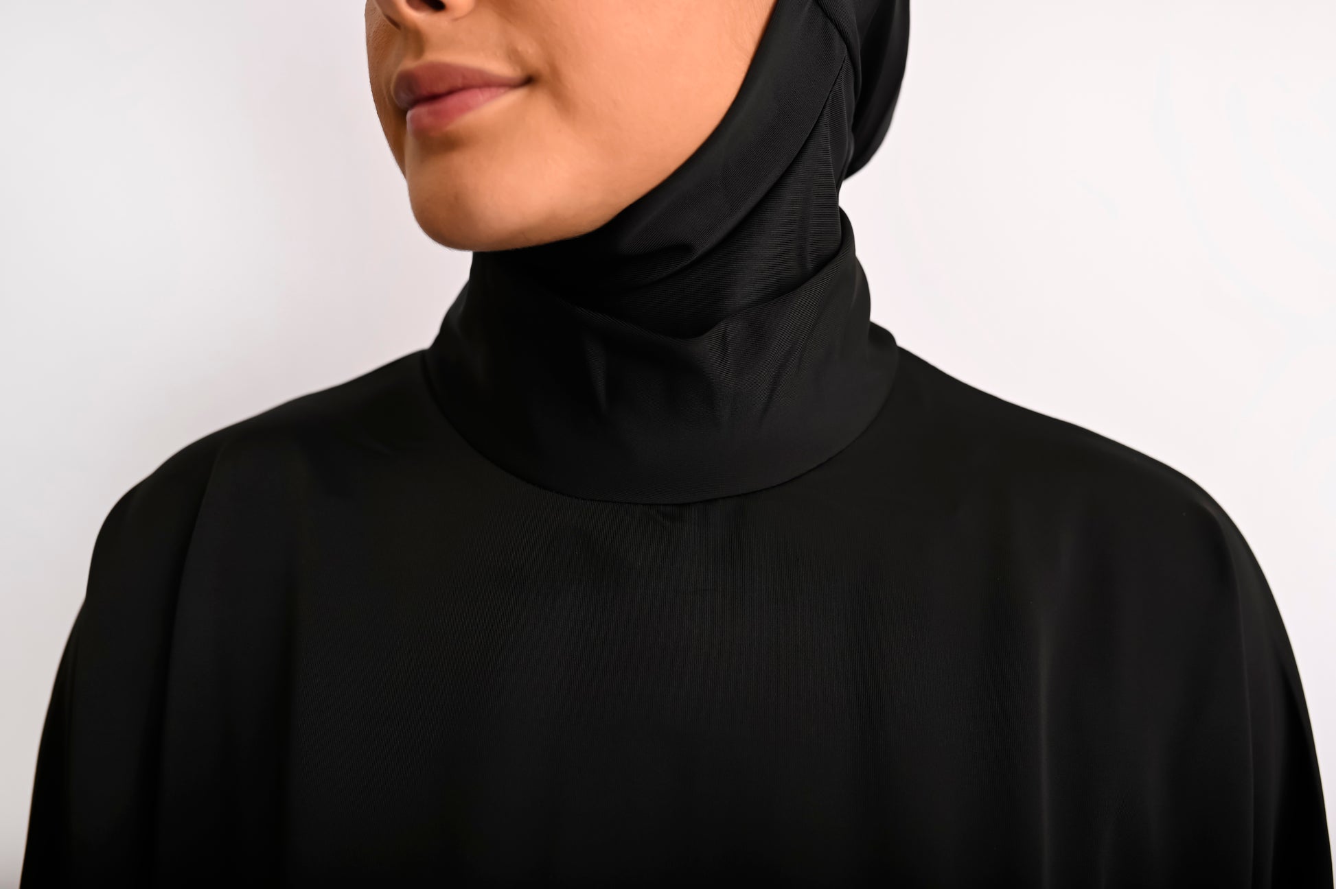 close up of neck blooming black ultra modest swimdress 