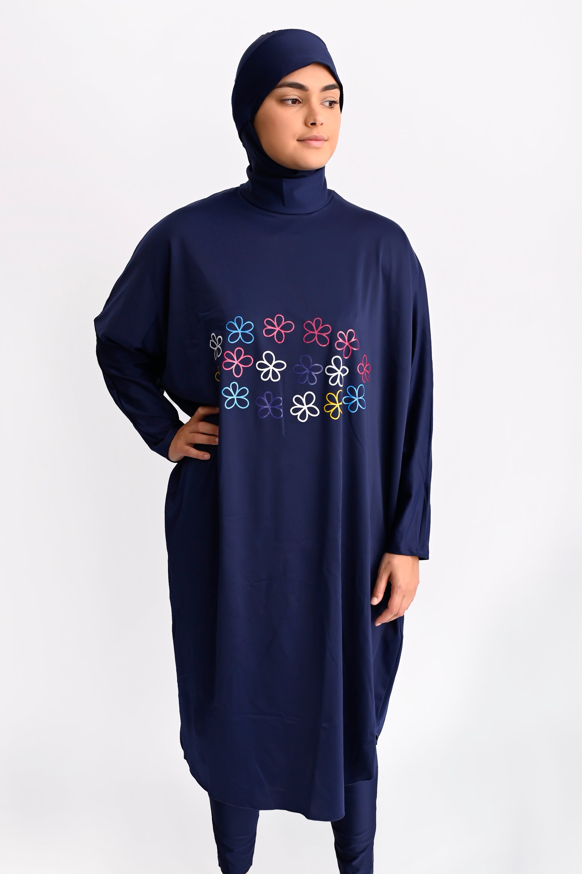 Ultra modest swimdress in blue with floral motif